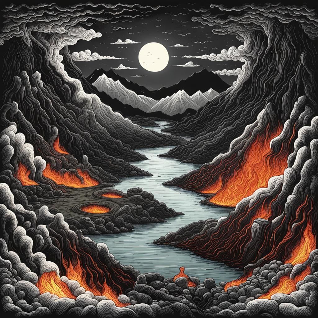 Infernal Lake of Fire with Demons