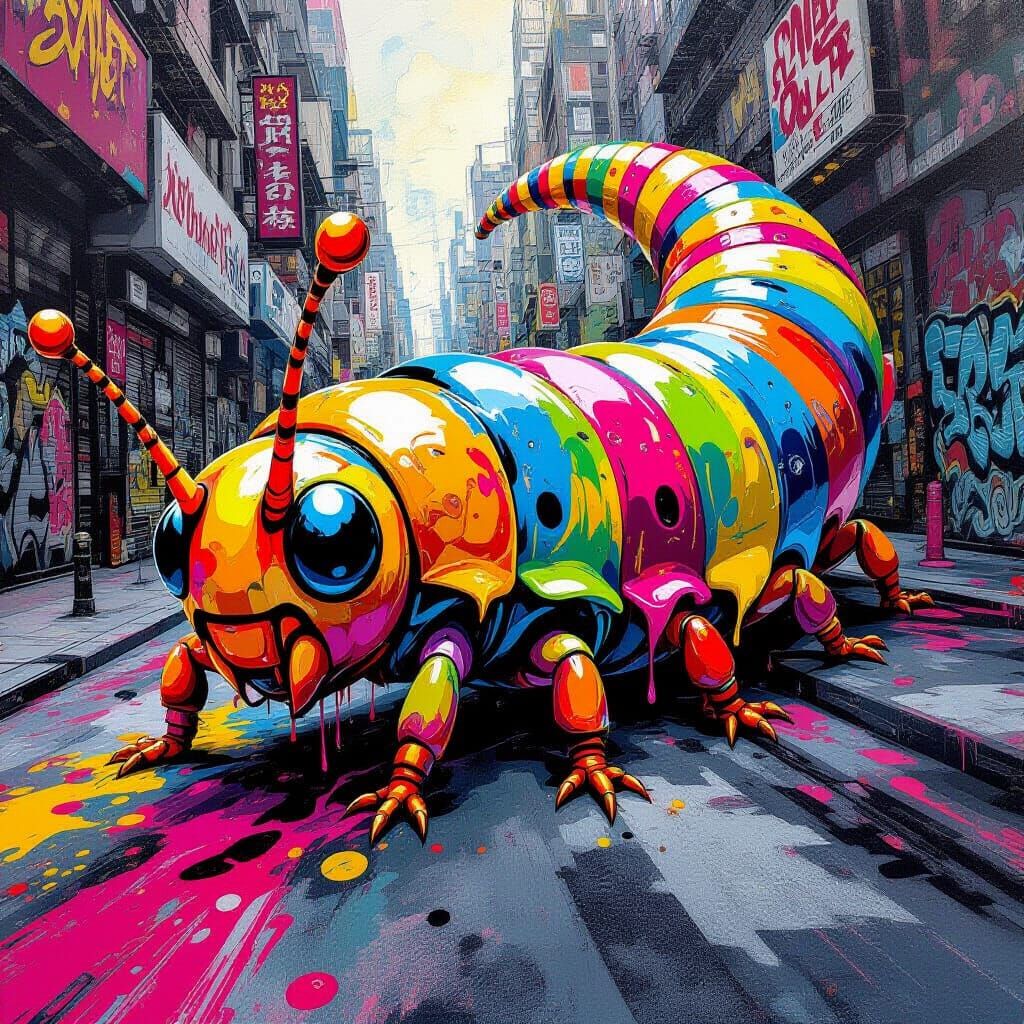Vibrant Caterpillar Street Art with Abstract Elements