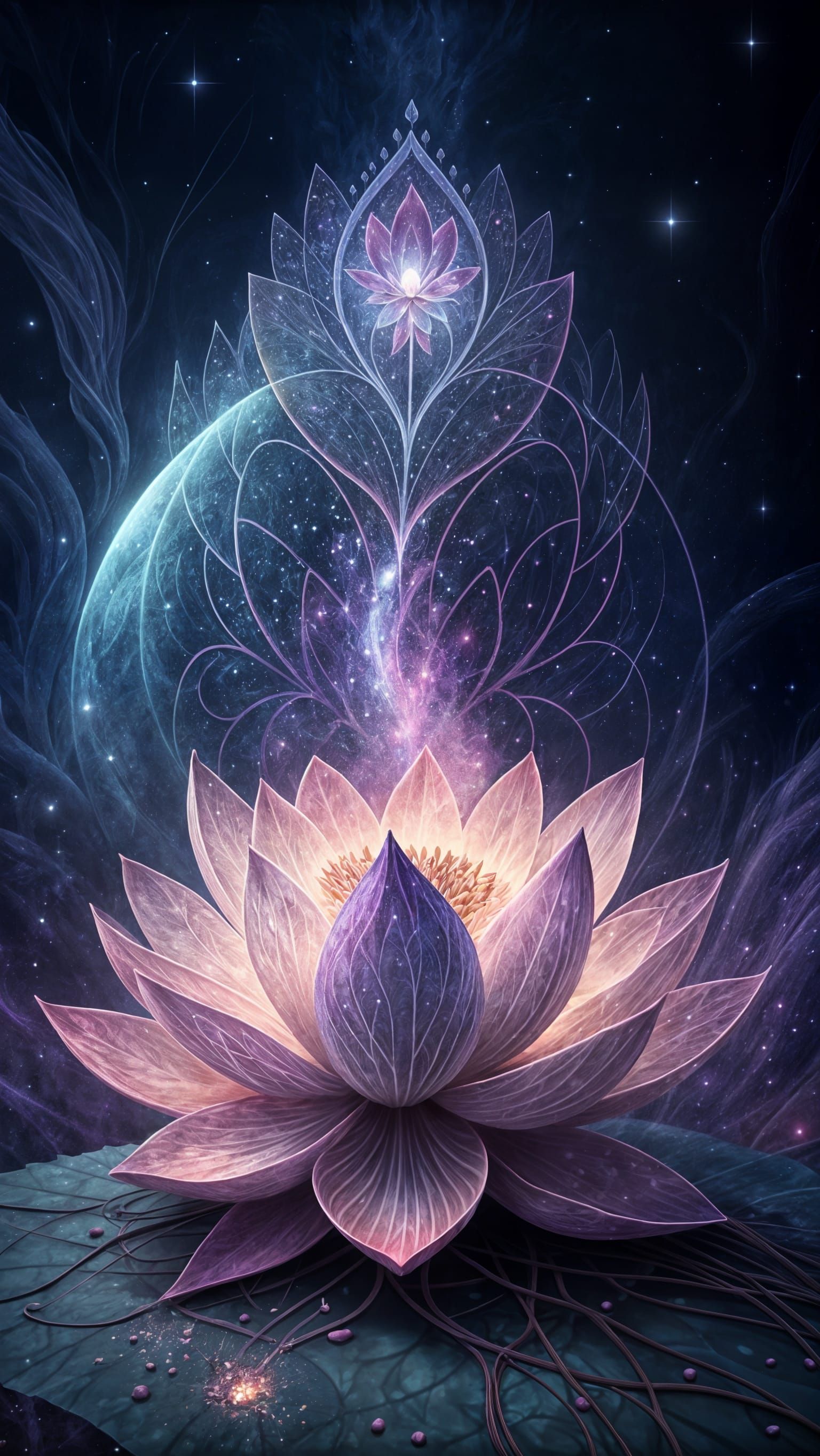 Ethereal Lotus Blooms in Cosmic Vortex