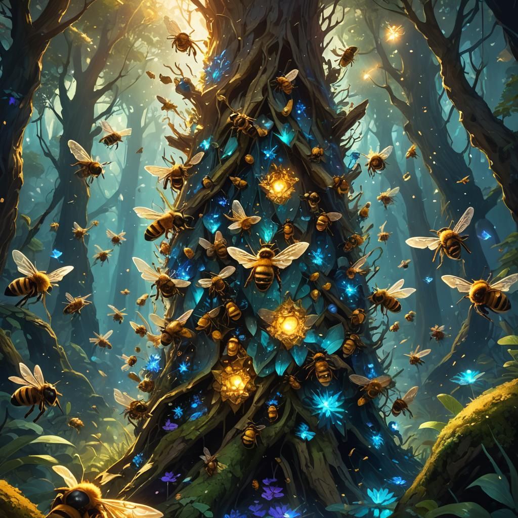 Triangle Bees Swarming a Crystalline Hive: Concept Art