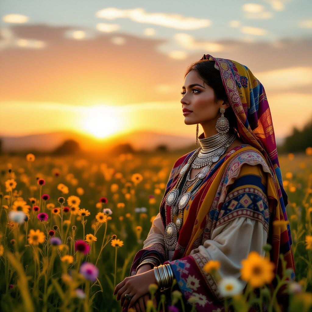 Berber Woman in Wildflower Field at Dawn