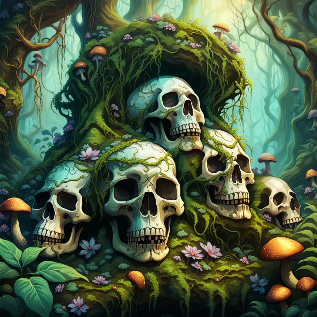 Jungle Skulls: Fantasy Art with Glowing Mushrooms