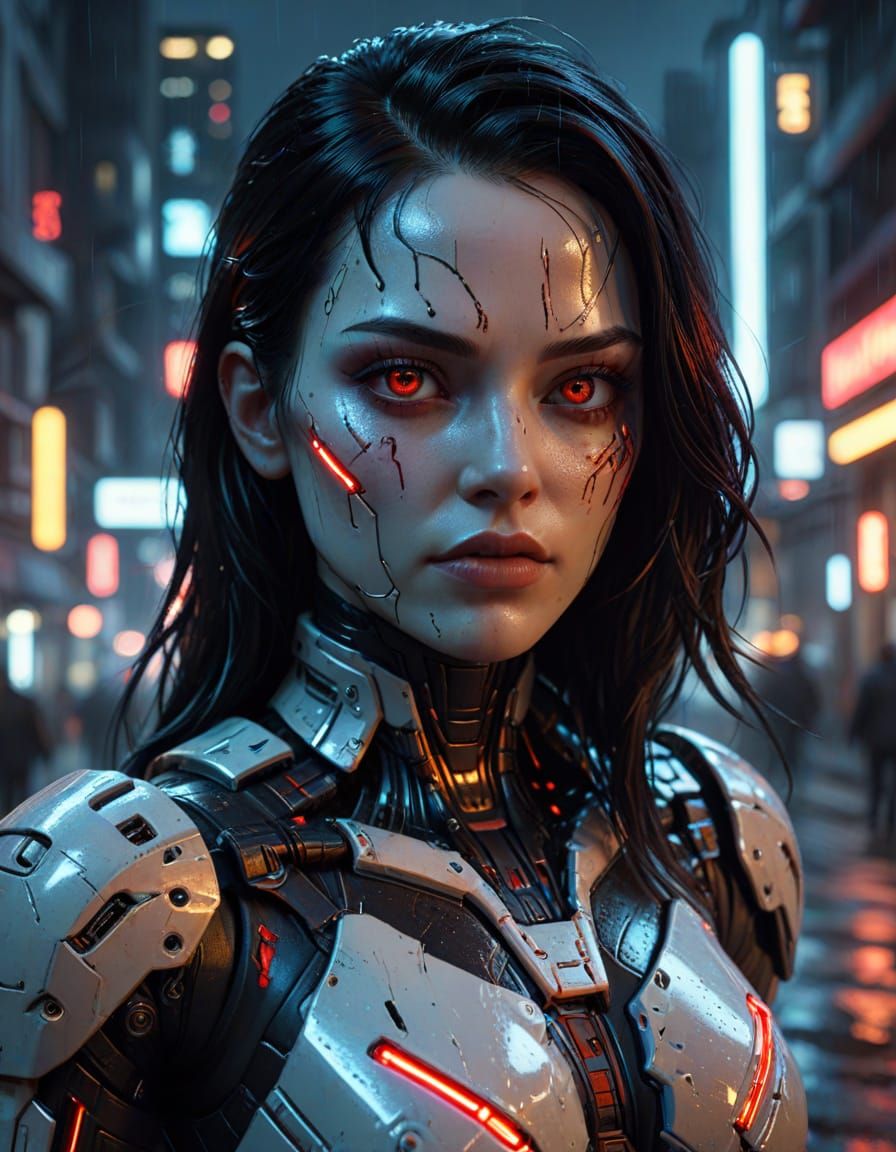 Cyberpunk Android with Neon Reflections: Digital Art