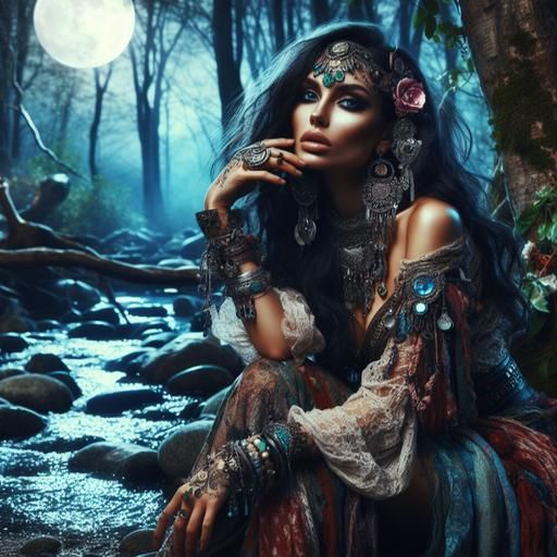 Exotic Woman in Moonlit Woods: Digital Art