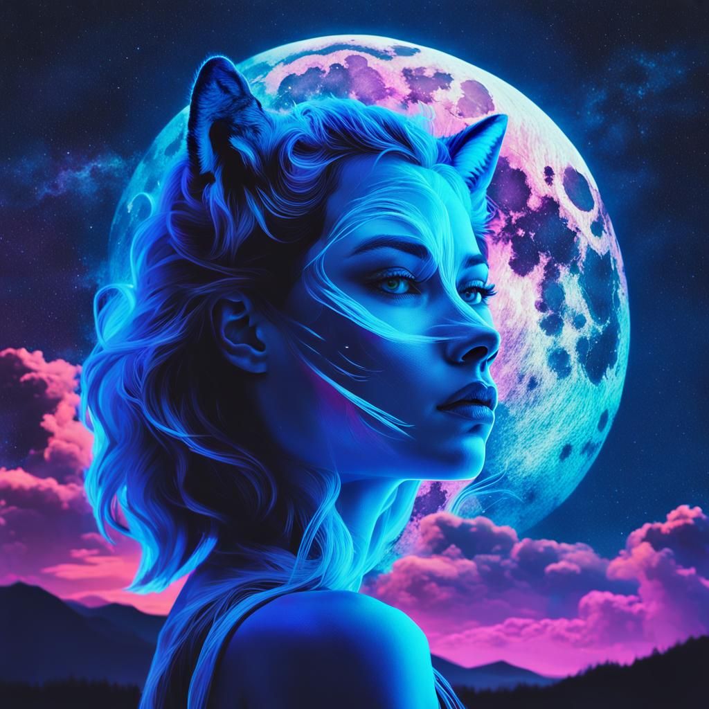 Synthwave Double Exposure: Woman and Wolf in Neon Night