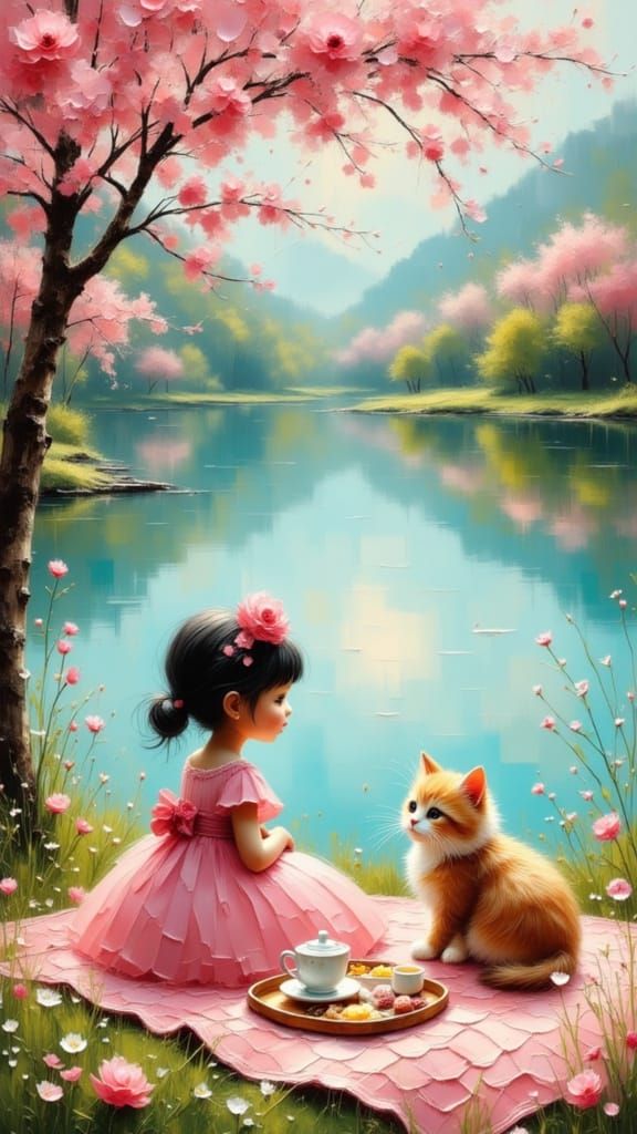 Girl and Kitten Picnic Under Cherry Blossoms