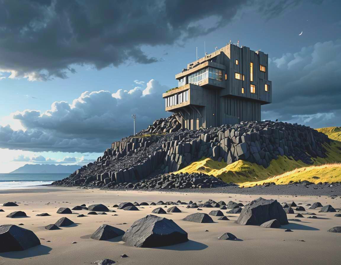 Brutalist Iceland Building in Anime Style