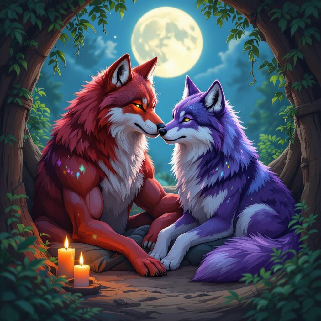 Moonlit Wolves Kiss in Cozy Den