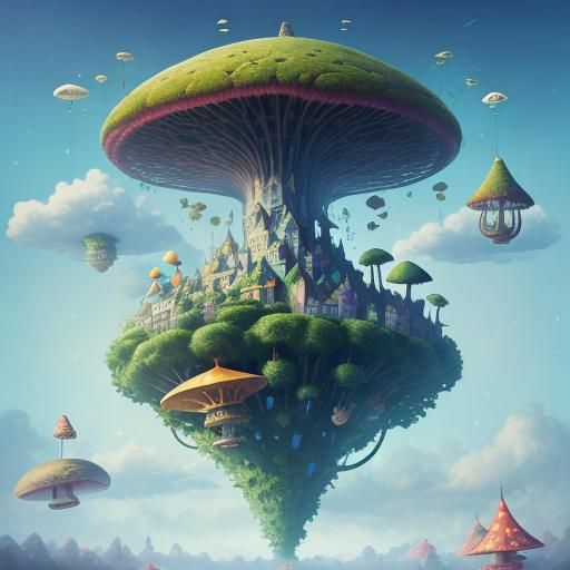 Surreal Landscape with Giant Fruits and Floating Houses
