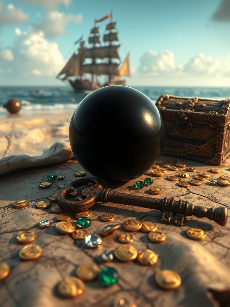 Mysterious Black Sphere on Vintage Treasure Map