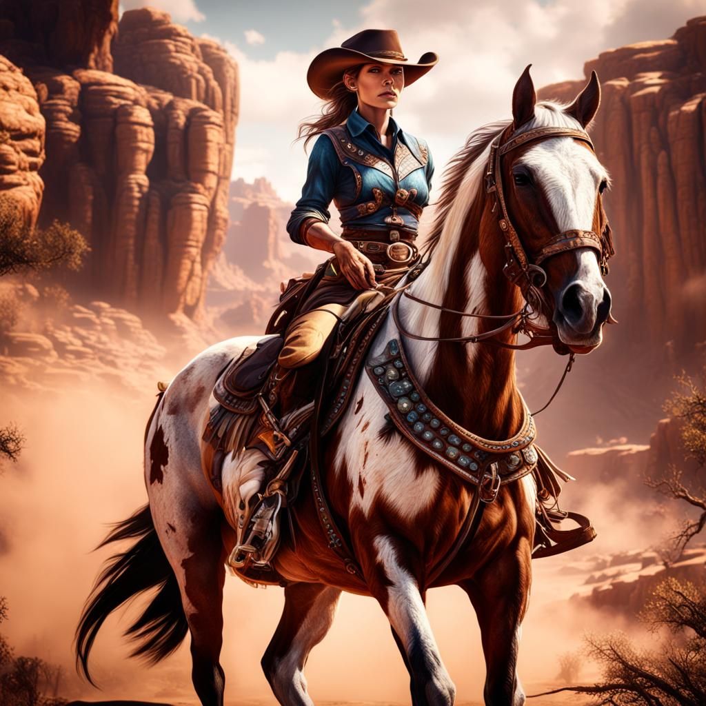 Cowgirl on Pinto Horse: Detailed Matte Painting