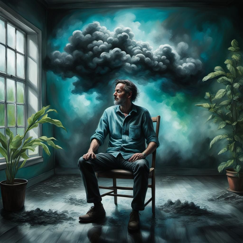 Dramatic Charcoal Art: Man Under Dark Cloud