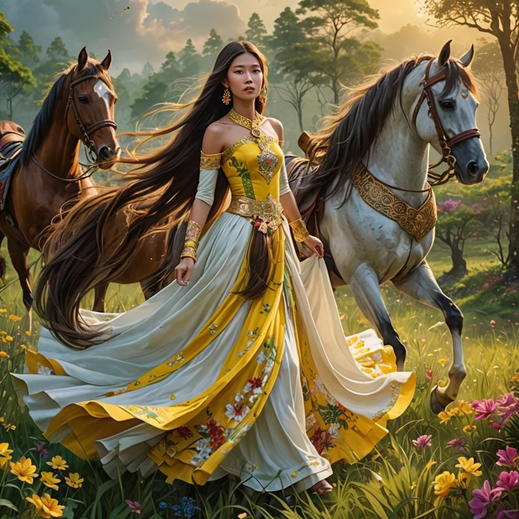 Woman in Thai Dress on Horse at Sunrise