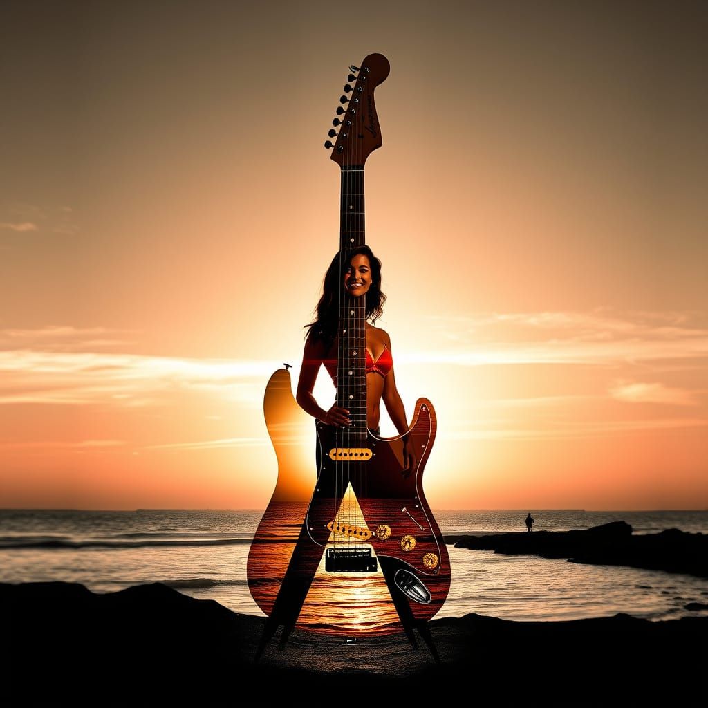 Double Exposure Guitar Art with Sunset Coastline and Woman