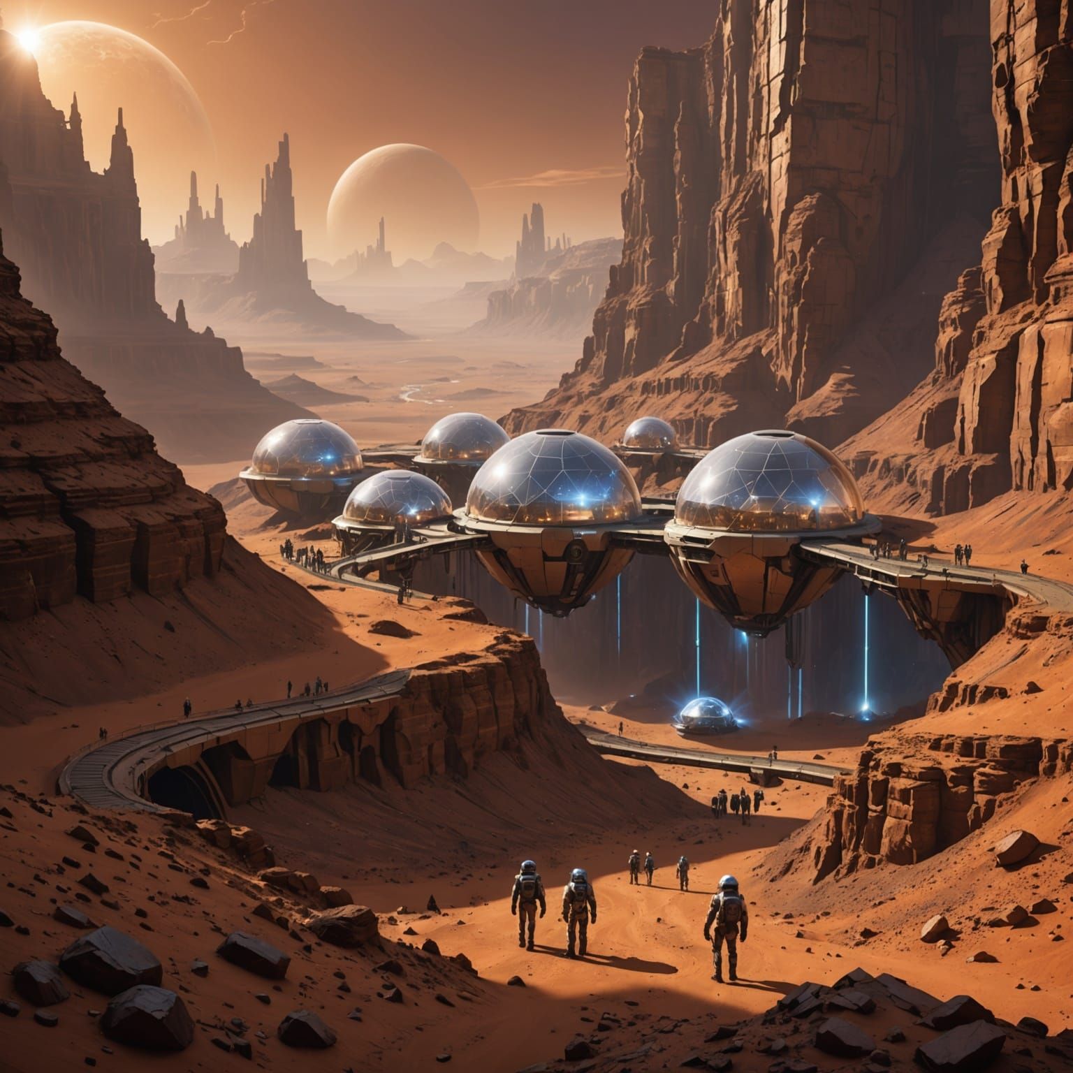 Terraformed Mars Canyon with Biodome City and Robotic Sentin...
