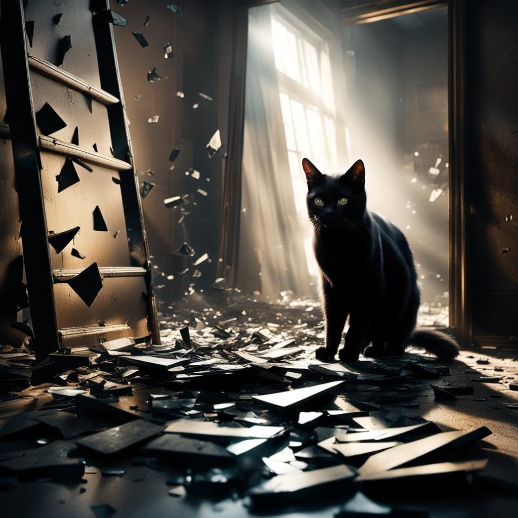 Eerie Black Cat Under Ladder: Photorealistic Reflection