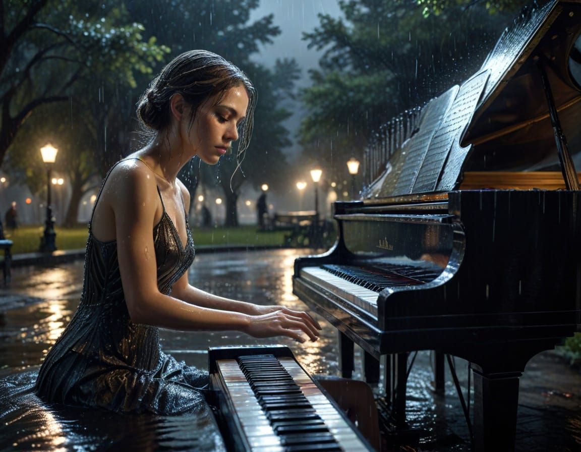 Woman Plays Piano in Rainy Night Park - Hyperrealistic Conce...