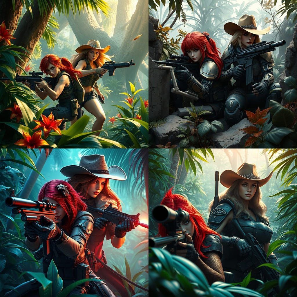 Futuristic Jungle Warrior: Red Haired Sniper and Blonde Assa...
