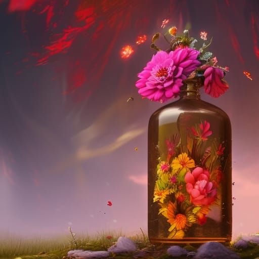 Fantastical Flower Inside Bottle: Detailed Matte Painting