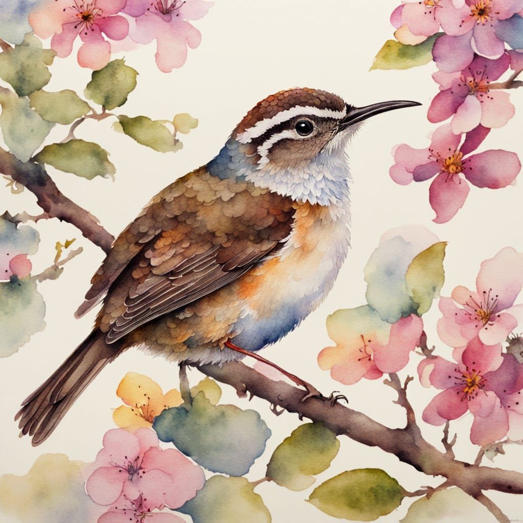 Vibrant Wren in Whimsical Floral Surroundings