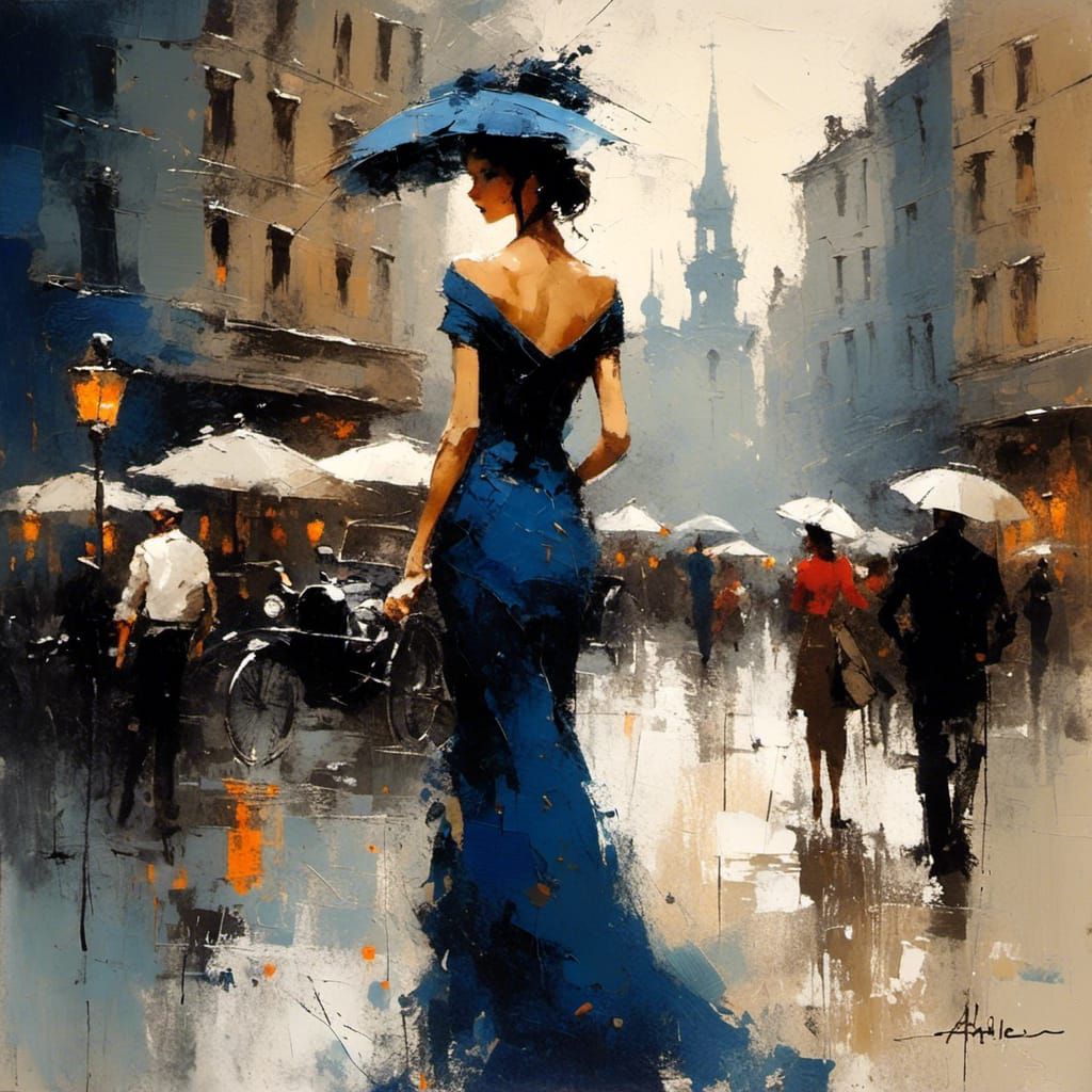 Gracious Girl in Overcrowded Street: Impressionist Oil Paint...