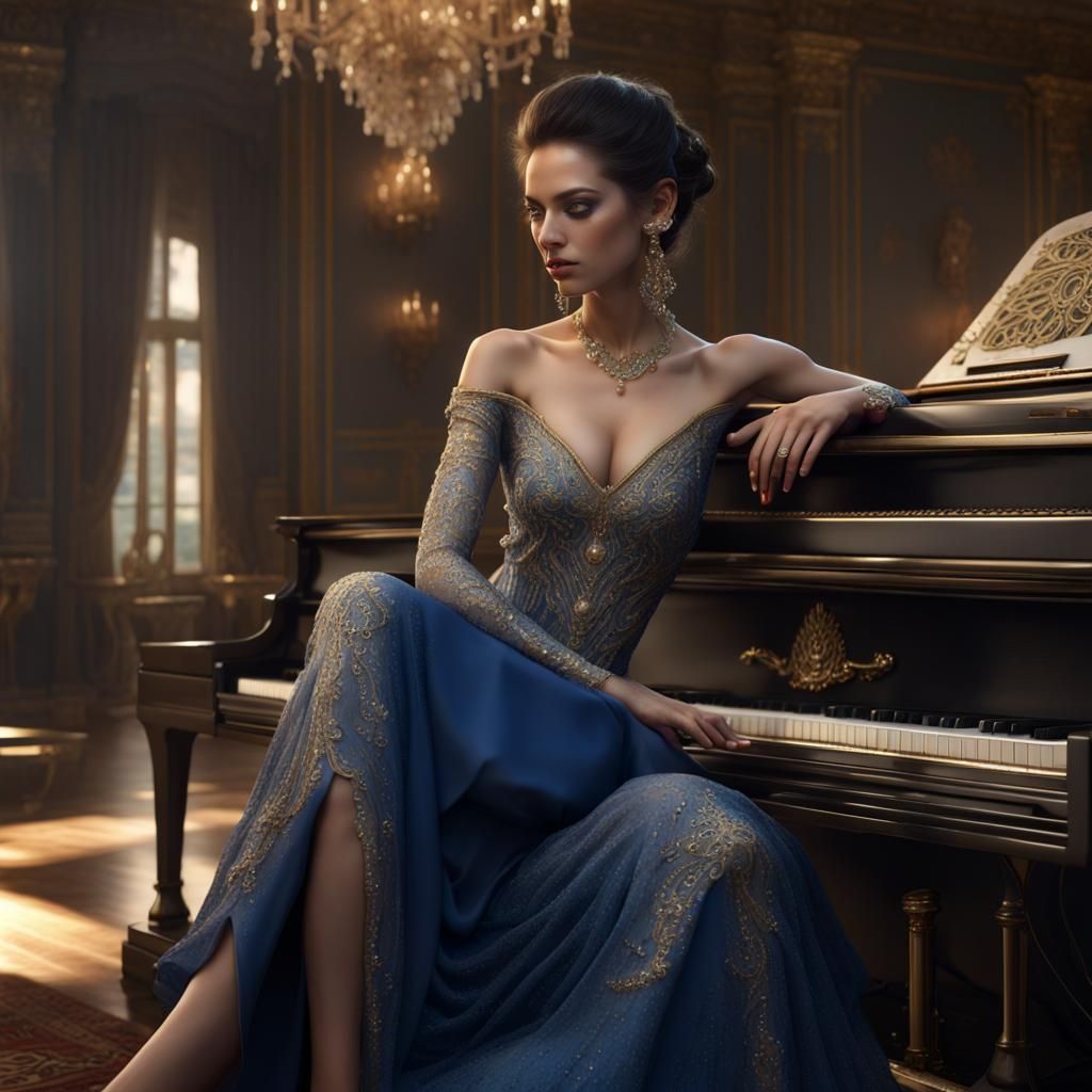 Brunette Pianist in Shimmering Blue Gown, Fantasy Art