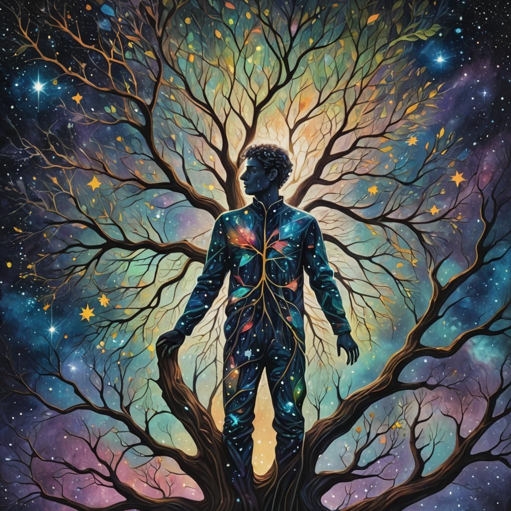 Cosmic Tree Man in Starry Universe: Oil Painting