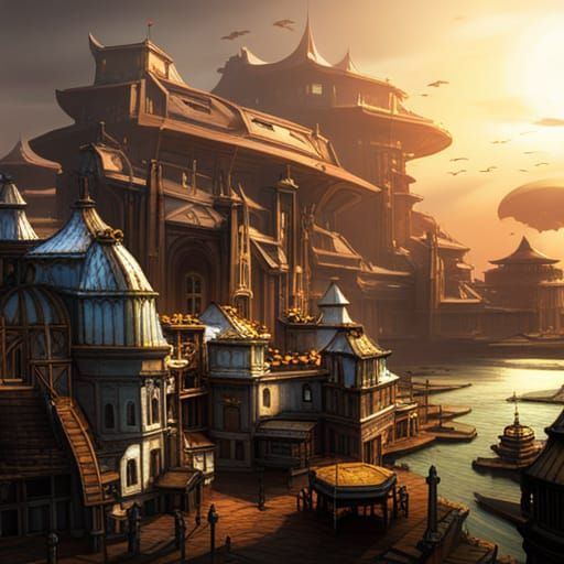 Futuristic City with Ancient Buildings in Dark Fantasy Style
