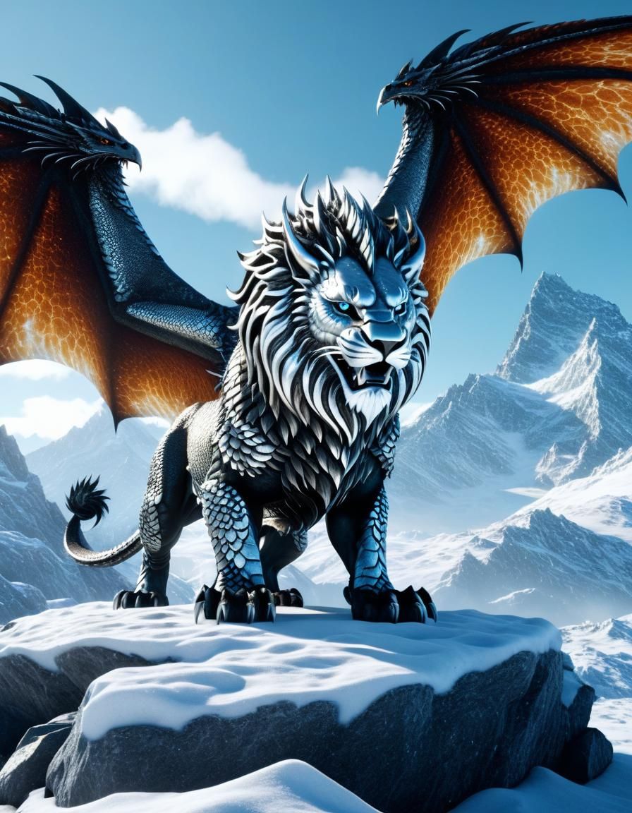 Enchanting Dragon-Lion Hybrid on Snowy Mountains