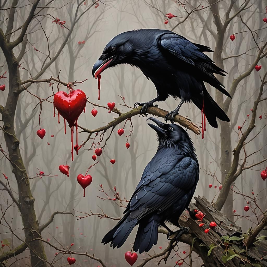 Raven Devouring a Bleeding Heart Flower