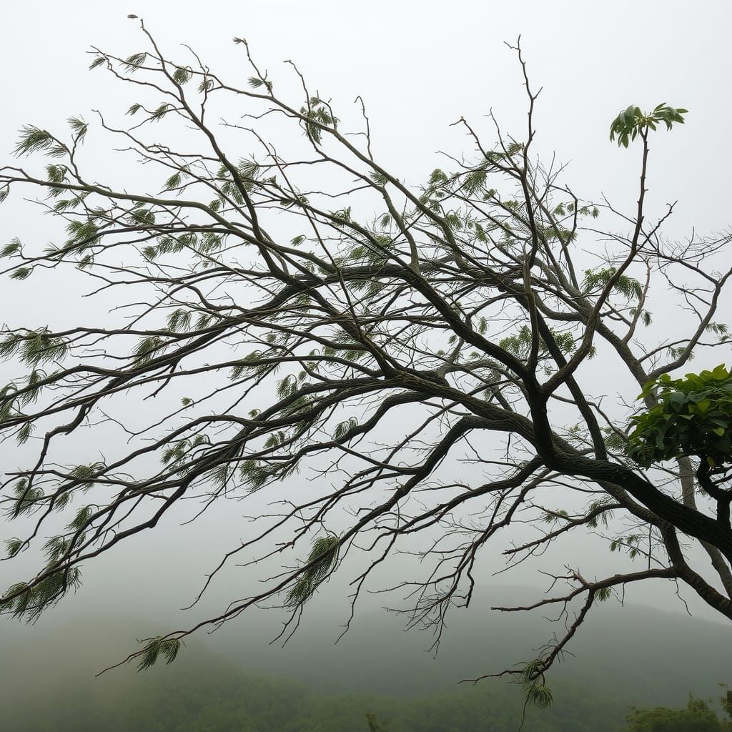Stormy Landscape: Wind Bends Tree Branches
