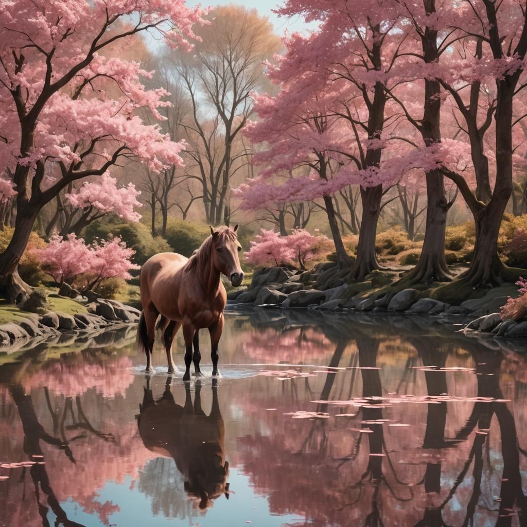 Centaur at Pond with Pink Trees, Watercolor Style