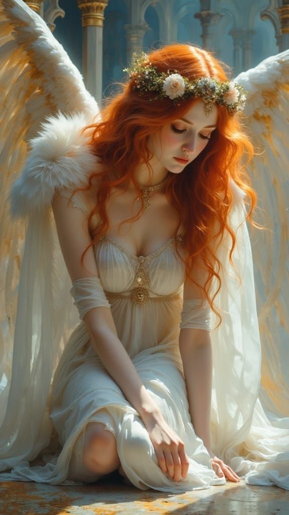 Ethereal Victorian Fallen Angel in Art Nouveau Style
