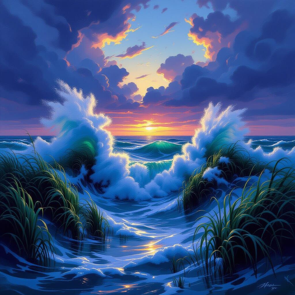 Turbulent Sea of Reeds with Colossal Waves at Twilight