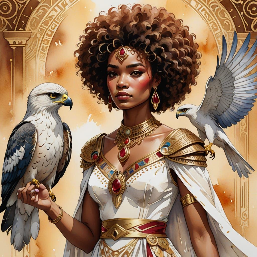 Animated Woman with Hawk in Watercolor Style
