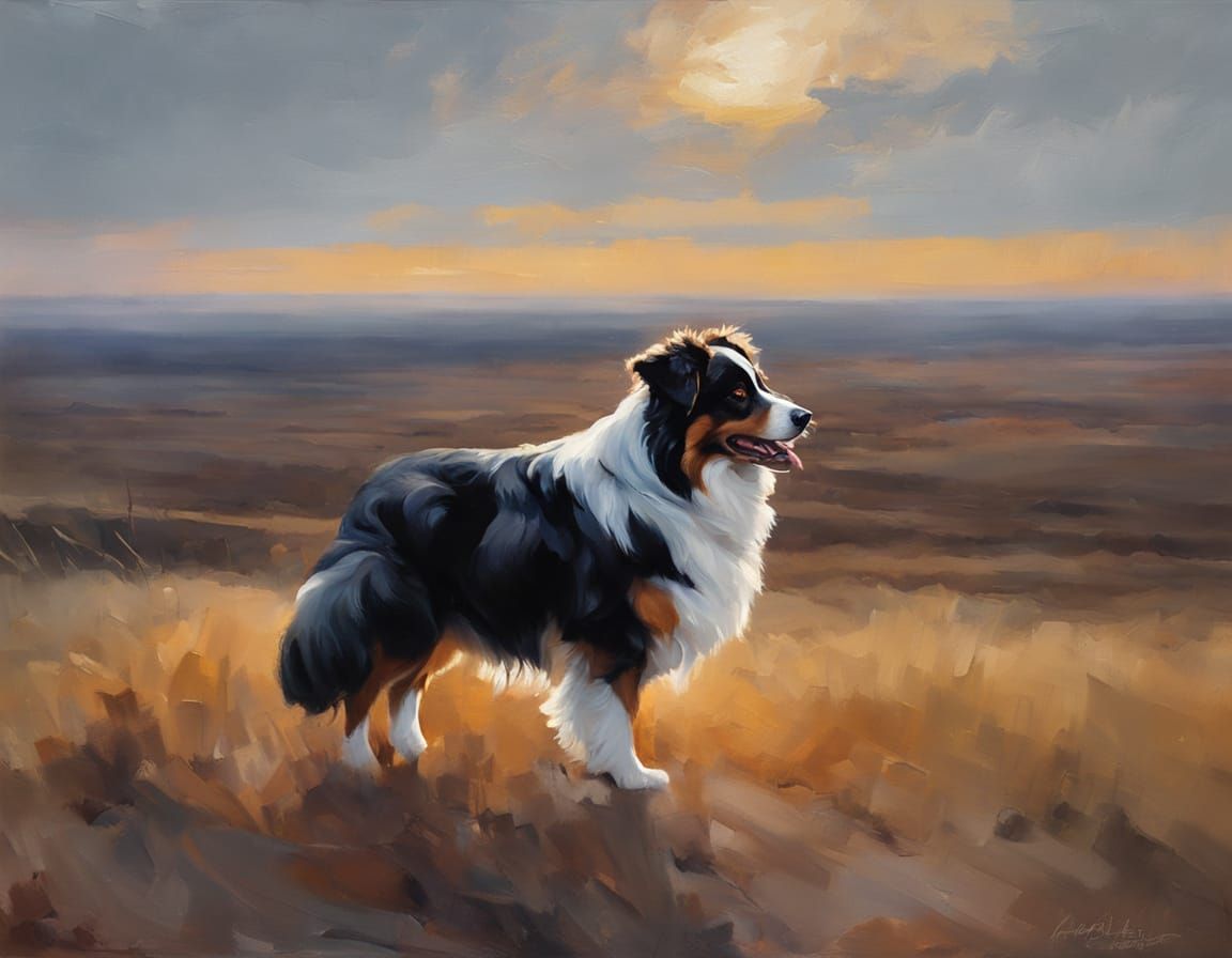 Australian Shepherd in Tonalist Landscape