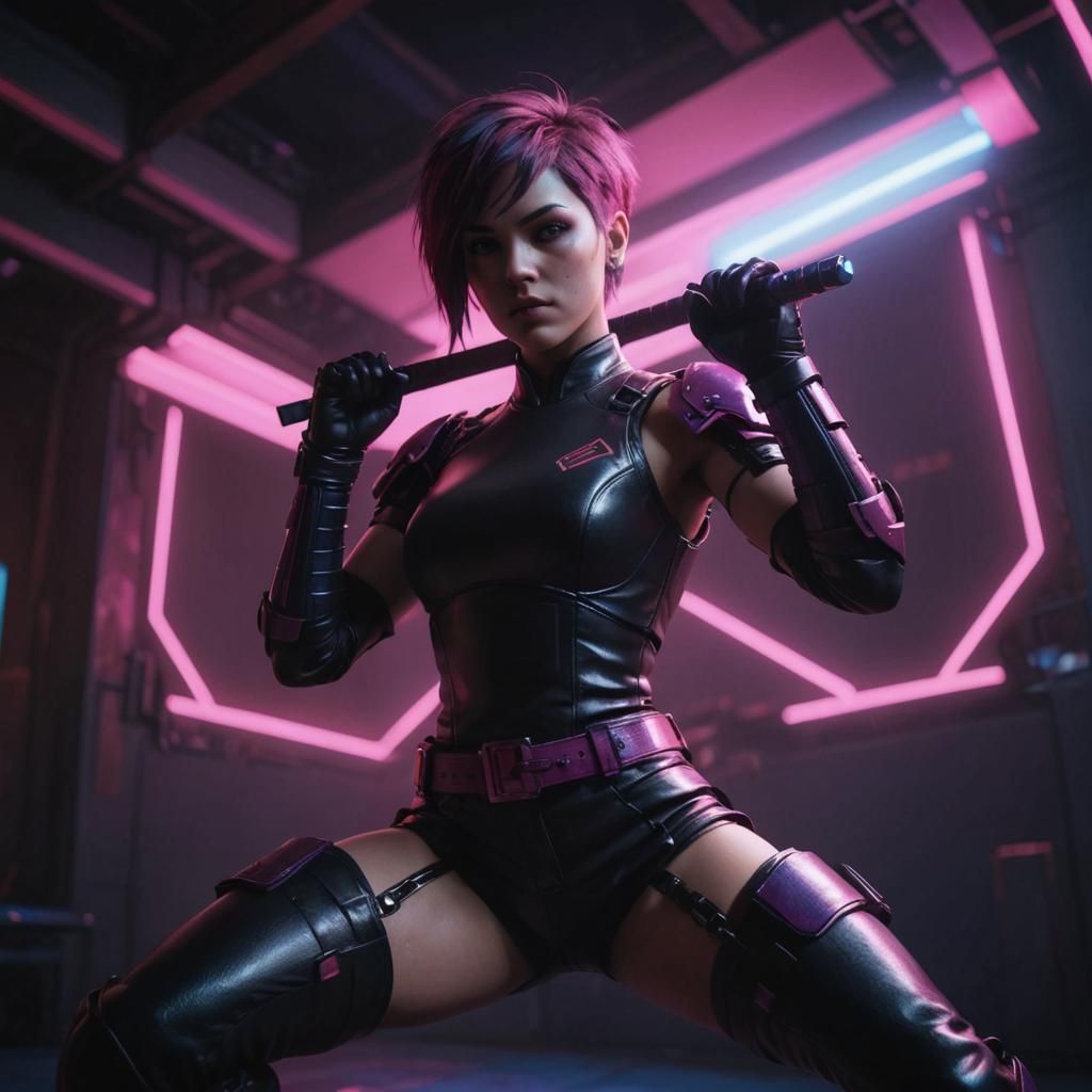 Cyberpunk Warrior in Neon City, 3D Game Art