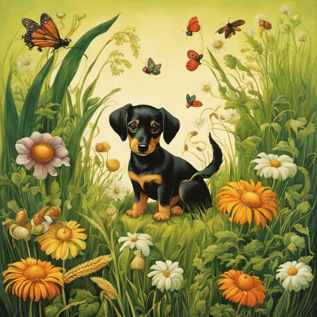 Botanical Puppy Illustration with Flowers and Insects