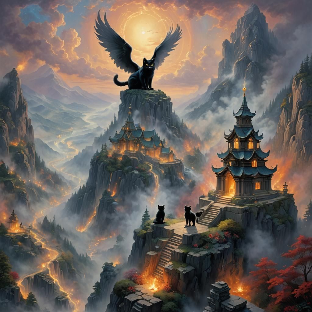 Burning Mountain Temple with Angel Cat, Kinkade Style