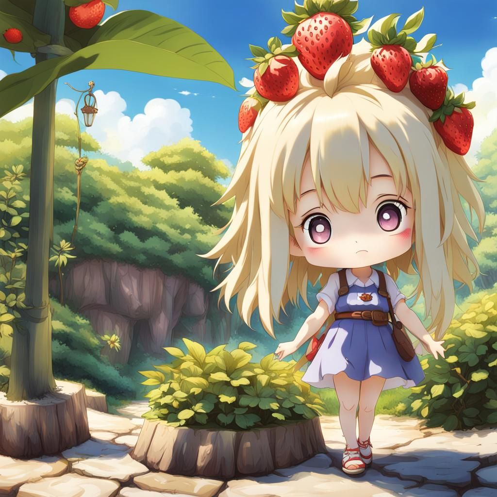 Charming Chibi Girl with Fruit Hair in Ghibli Style