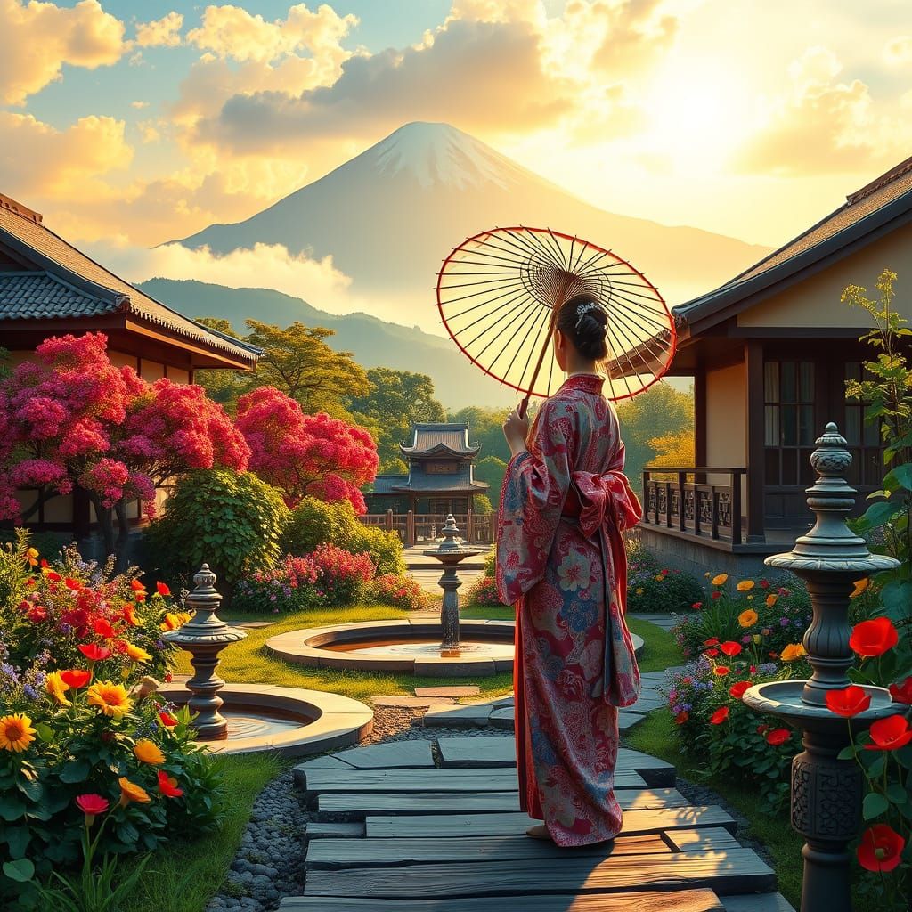 Serene Japanese Garden Scene in Vibrant Colors