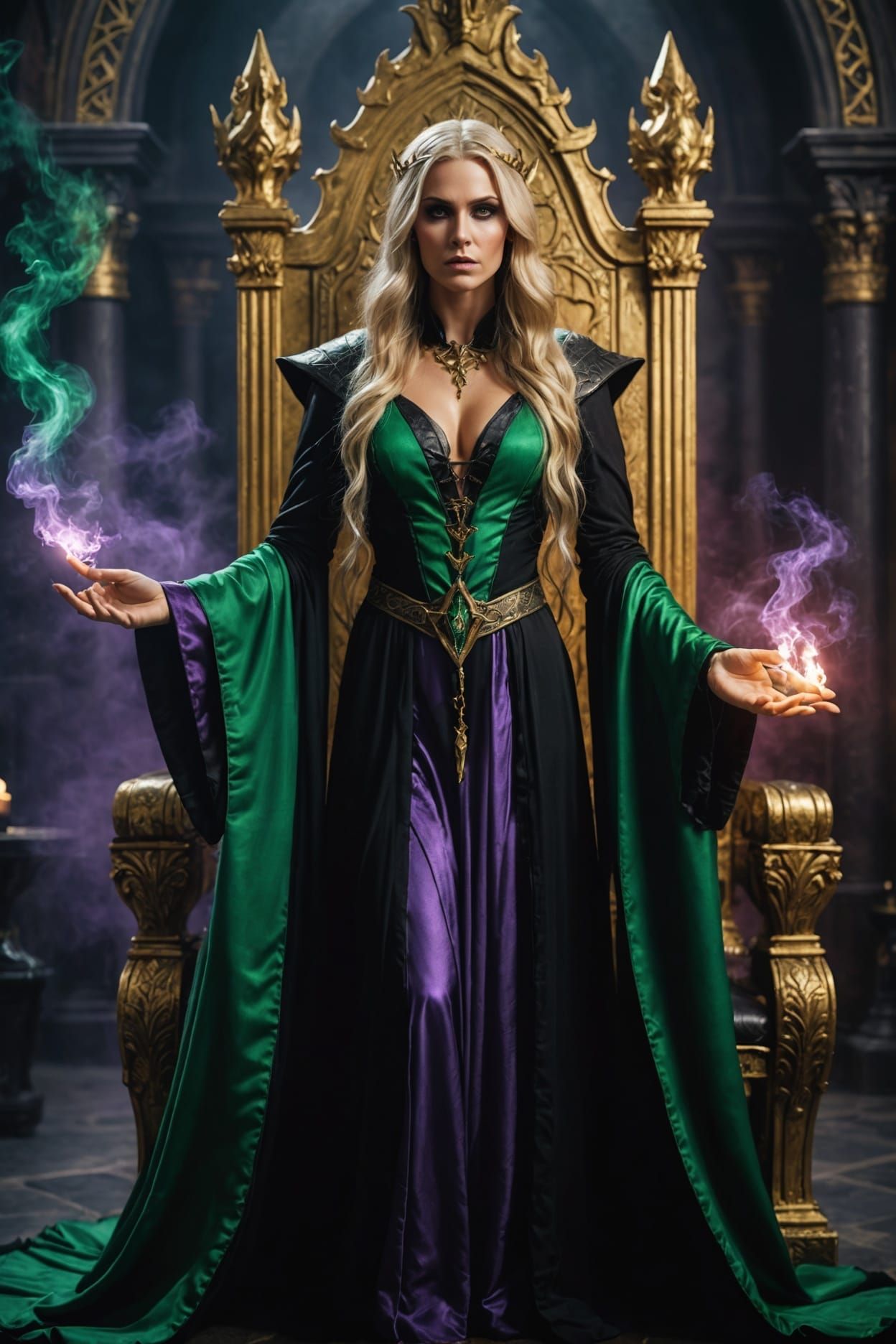 Elf Sorceress Casting Spell Before Gothic Throne