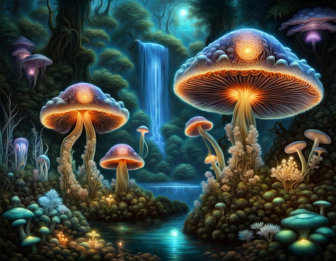 Bioluminescent Crystal Mushroom Forest in 8k