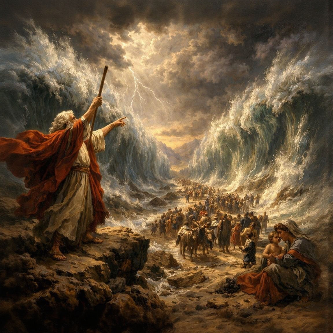 Dramatic Painting of Moses Parting the Red Sea