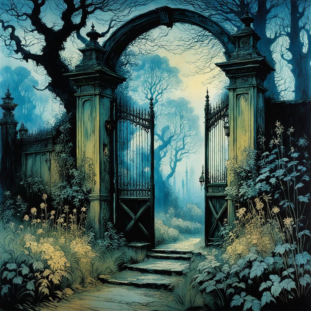 Mysterious Garden Gate in Evening Haze