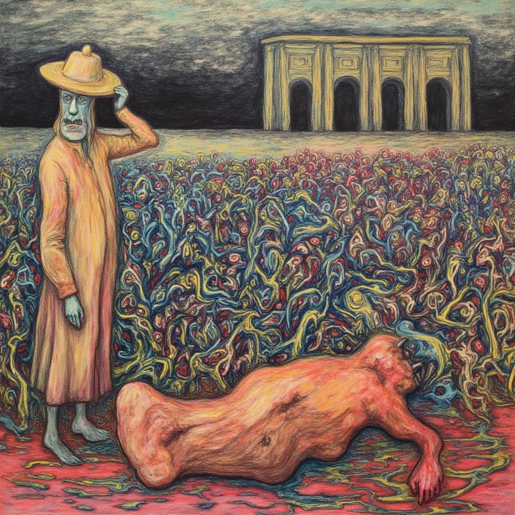 Dreamy Somnambulist in Surreal Cyberpunk Landscape