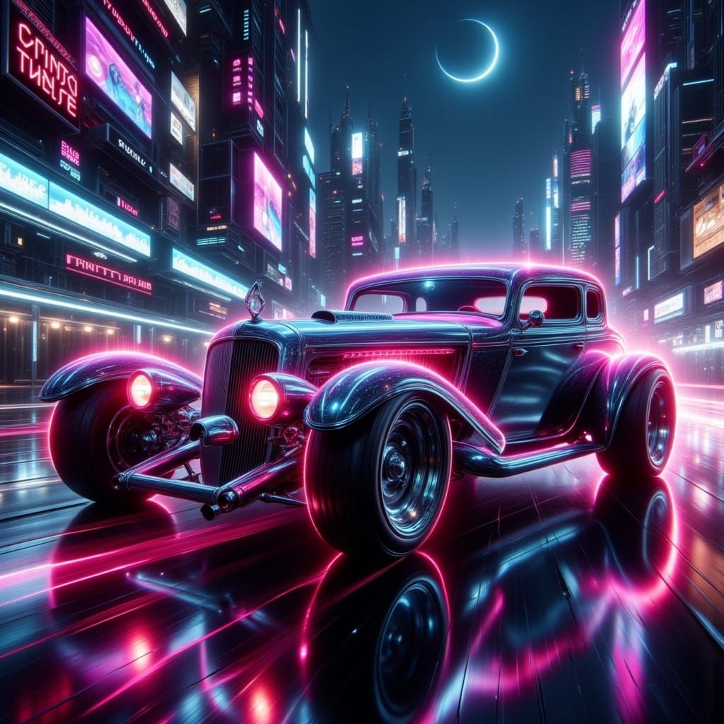 Spectral Hot Rod Races Through Cyberpunk Metropolis