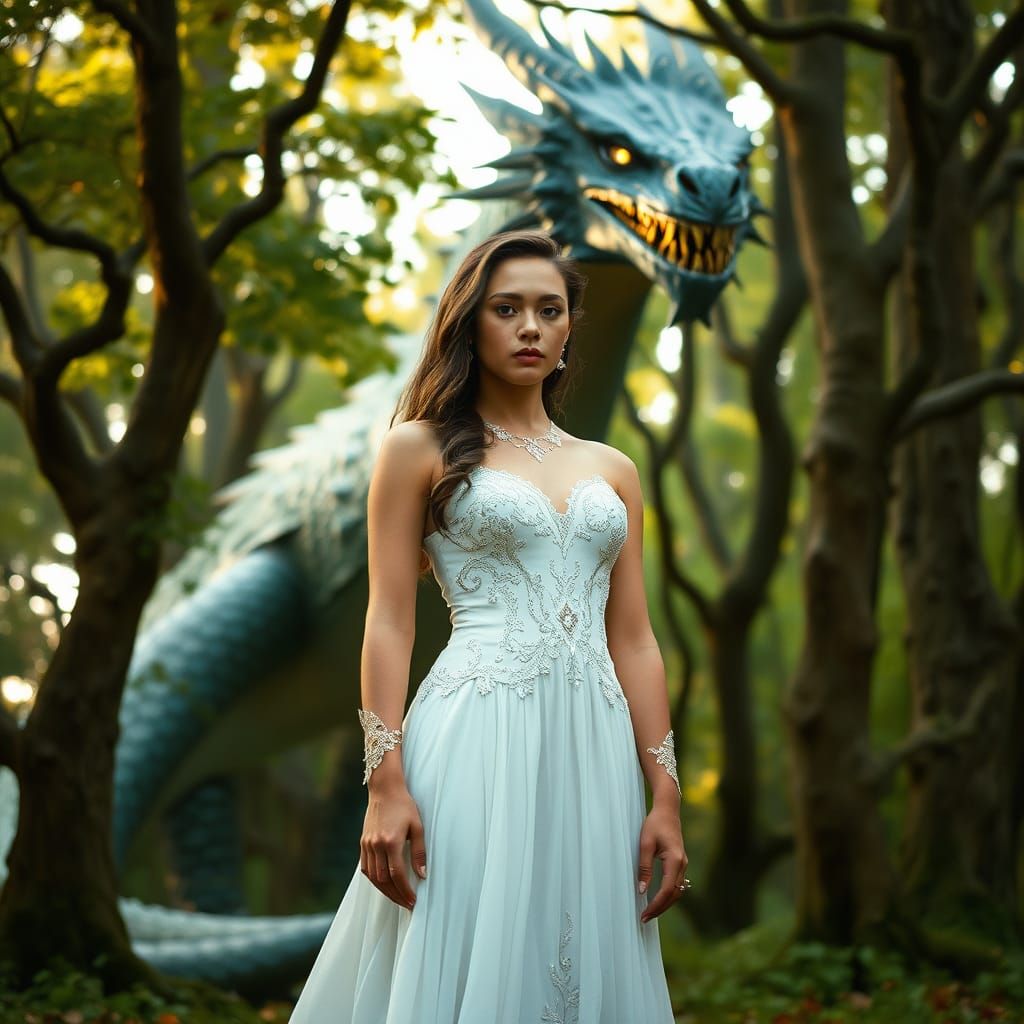 Ethereal Beauty with Majestic Dragon in the Enchanted Forest