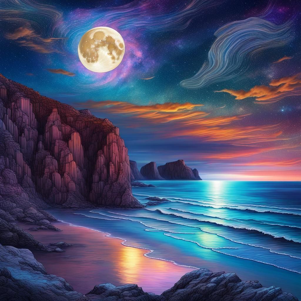 Night Beach with Crescent Moon in Astral Style