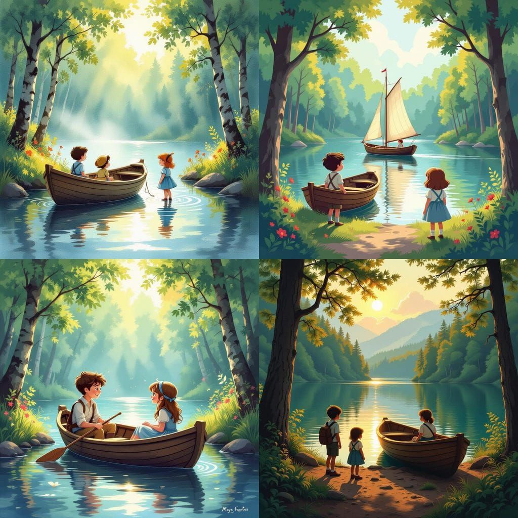 Children Discover Solitary Boat by Forest Lake